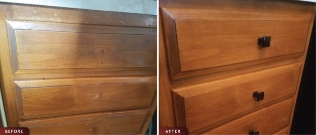Wood cabinets were refreshed with our wood restoration process and new hardware