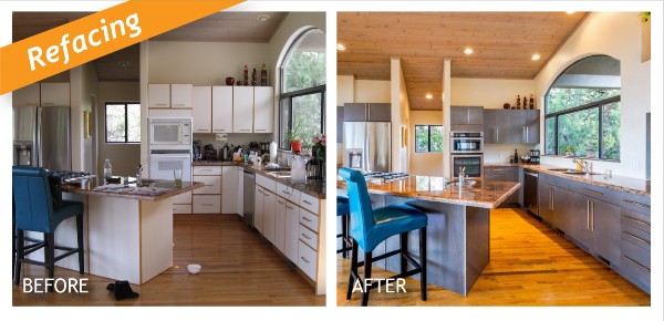 Before and after picture of Cabinet refacing