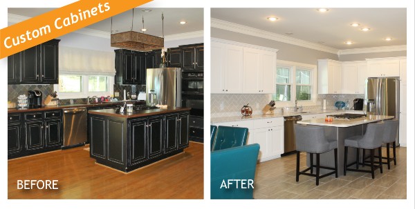 Before and after picture of custom cabinets