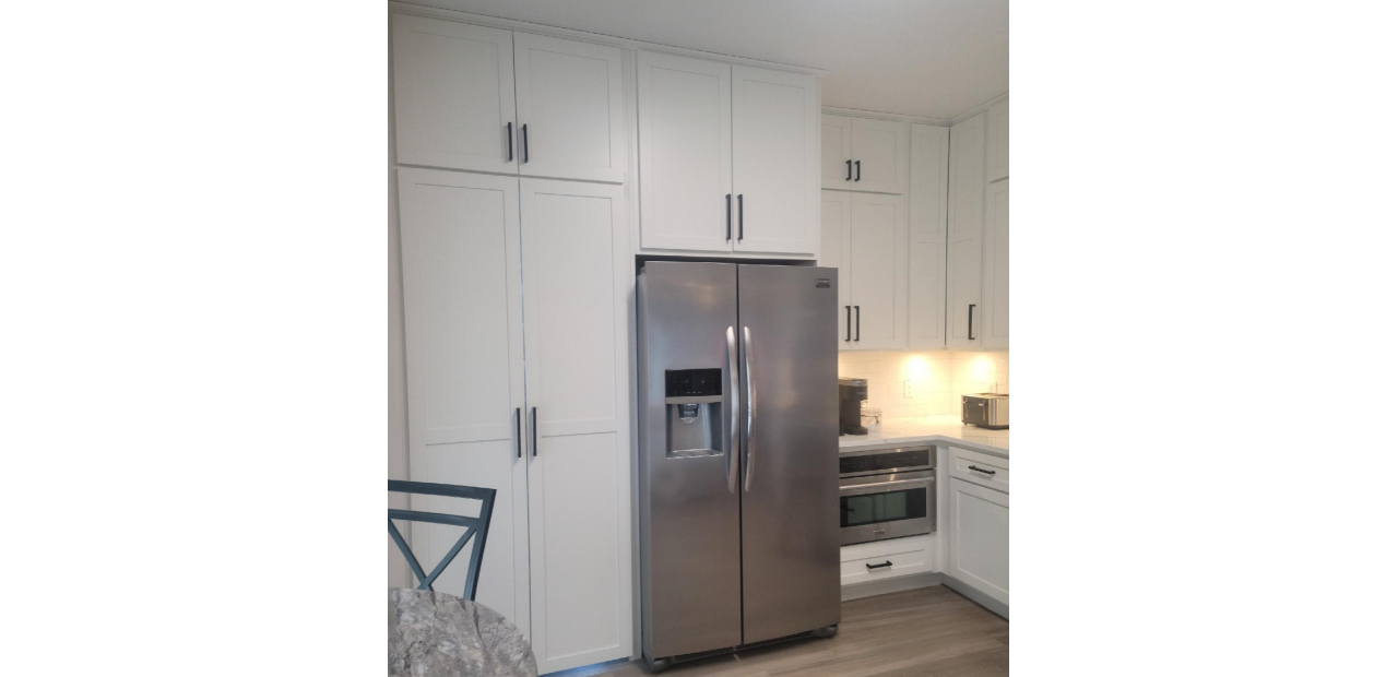 After Refrigerator, Walk-thru Pantry Doors & all new 54" Stacked Cabinetry